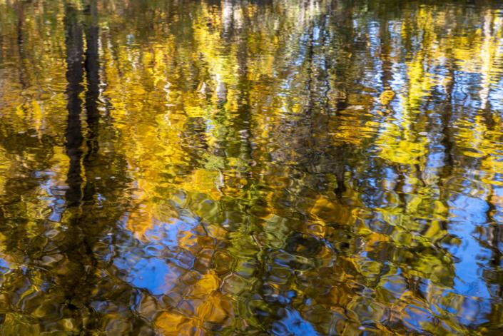 a close up of fall reflections in a creek